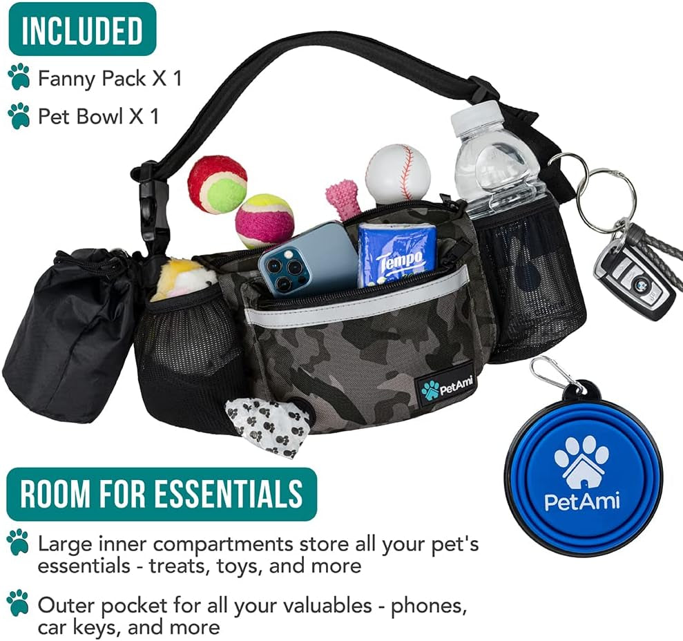 Dog Fanny Pack, Treat Pouch for Dog Walking, Training, Built in Poop Bag Dispenser, Water Bottle Holder, Collapsible Bowl, Pet Treat Waist Belt for Hiking, Running, Kibbles (Camo Black)