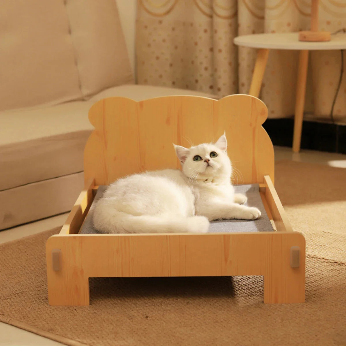 Cat Bed Wooden Cat and Dog Bed with Teddy Bear Pattern Indoor Pet Furniture Floor to Ceiling Bed(20*11Inch)Comfortable Durable