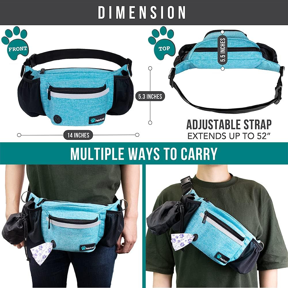 Dog Fanny Pack, Treat Pouch for Dog Walking, Training, Built in Poop Bag Dispenser, Water Bottle Holder, Collapsible Bowl, Pet Treat Waist Belt for Hiking, Running, Kibbles (Turquoise)