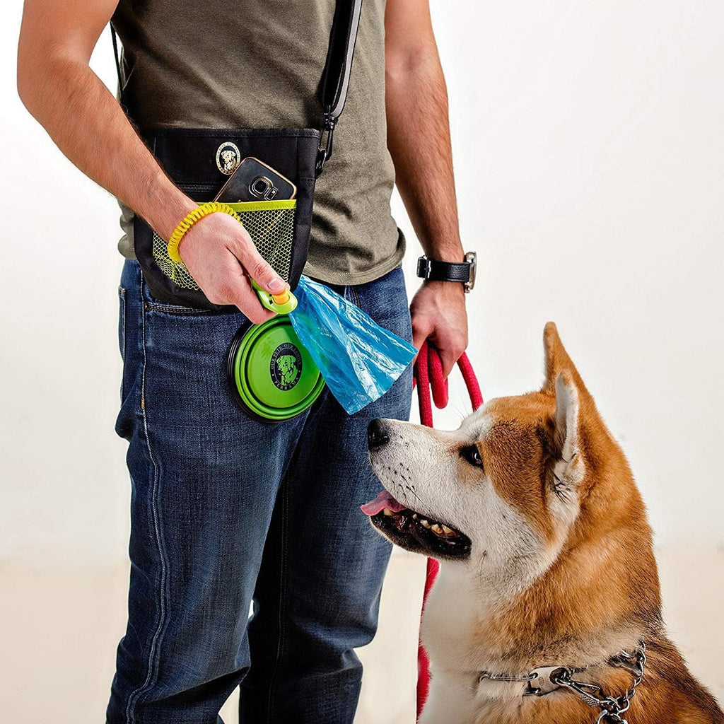 Dog Treat Pouch for Training & Walking, Pet Treat Bag with Poop Bag Dispenser, Pro Clicker, Collapsible Travel Bowl & Reflective Shoulder Strap - Black/Green