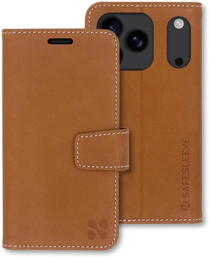 SafeSleeve EMF Blocker Detachable Leather Wallet Case for iPhone 16, Beige