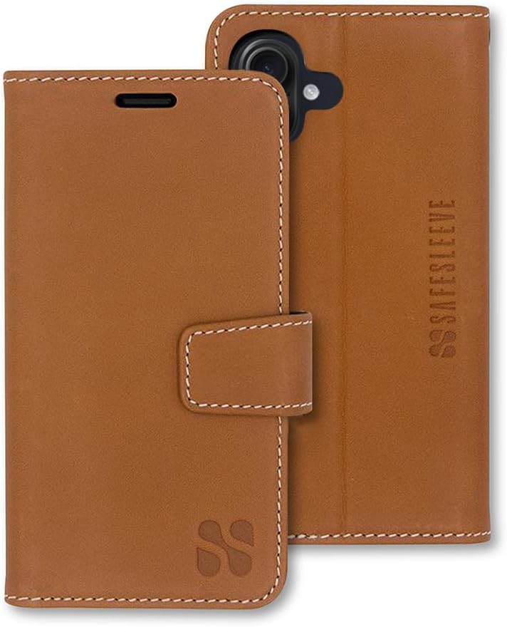 SafeSleeve EMF Blocker Detachable Leather Wallet Case for iPhone 16, Beige