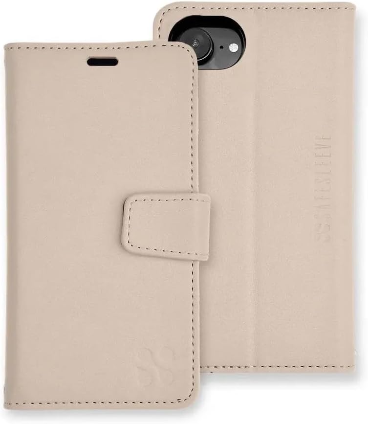 SafeSleeve EMF Blocker Detachable Leather Wallet Case for iPhone 16, Beige
