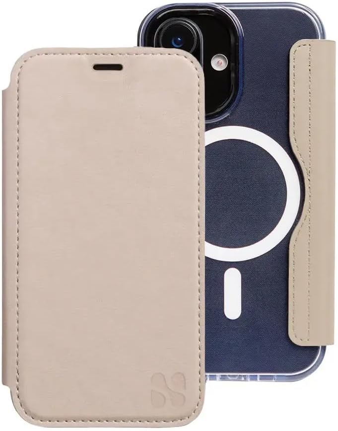 SafeSleeve EMF Blocker Detachable Leather Wallet Case for iPhone 16, Beige
