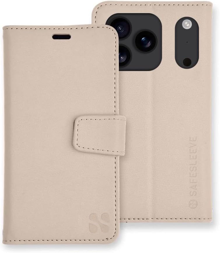 SafeSleeve EMF Blocker Detachable Leather Wallet Case for iPhone 16, Beige