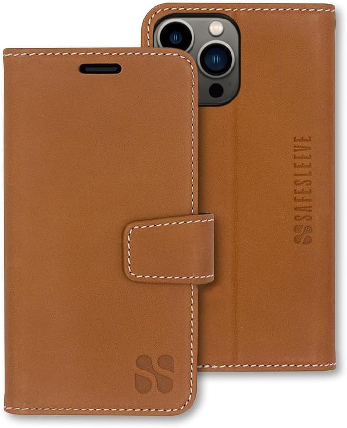 SafeSleeve EMF Blocker Detachable Leather Wallet Case for iPhone 16, Beige