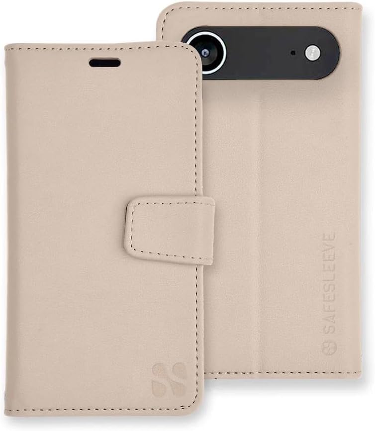 SafeSleeve EMF Blocker Detachable Leather Wallet Case for iPhone 16, Beige