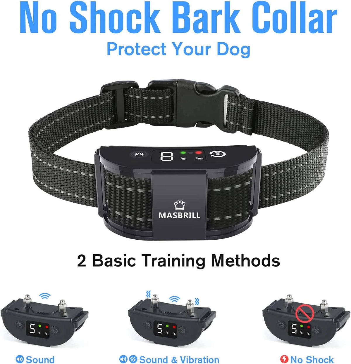 Dog Bark Collar, Rechargeable No Shock anti Bark Collar, Waterproof No Bark Collar for Medium Large Dogs -Black