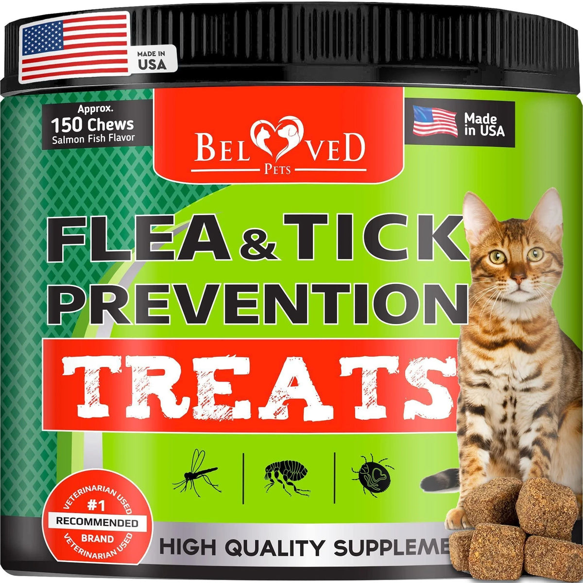 Natural Flea & Tick Chewable Treats for Cats - Salmon Flavor, Daily Soft Chews