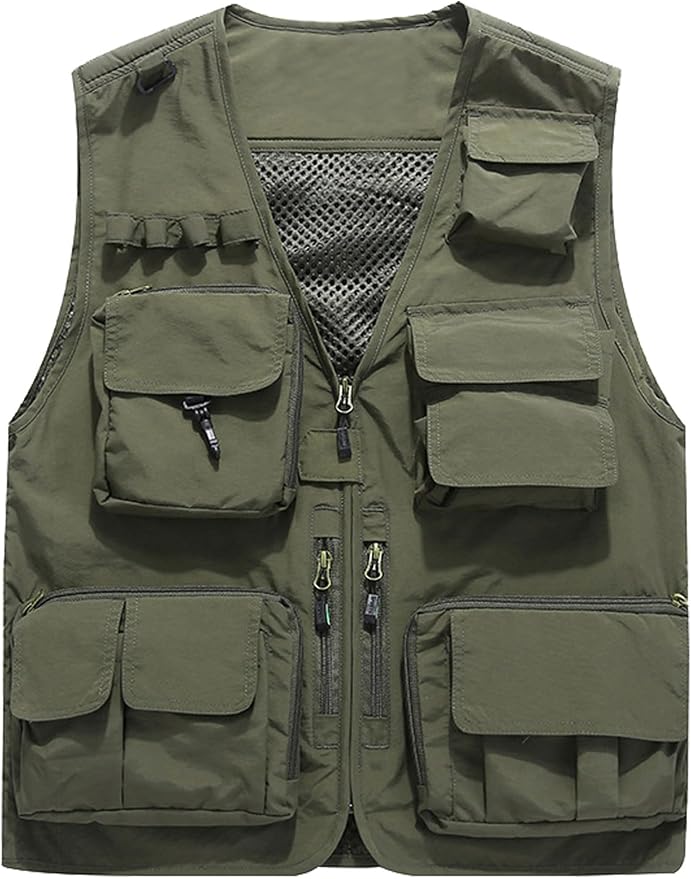 Flygo Men's Casual Lightweight Outdoor Fishing Work Safari Travel Photo Cargo Vest Jacket Multi Pockets