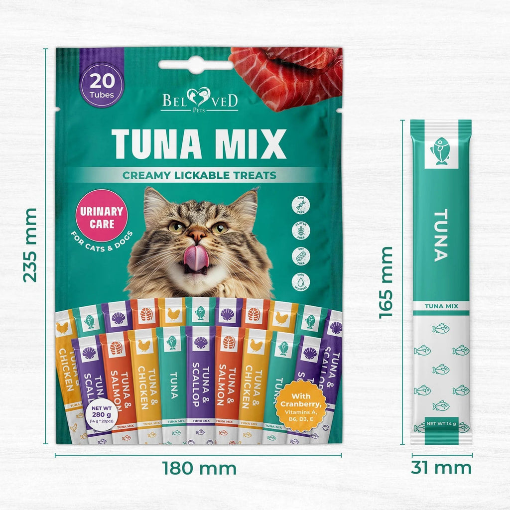 Creamy Lickable Cat Treats Wet Squeeze Tubes 20 Sticks Tuna Mix Liquid Cat Snacks Urinary Care Multivitamin Treats for Cats & Small Dogs Lick Up