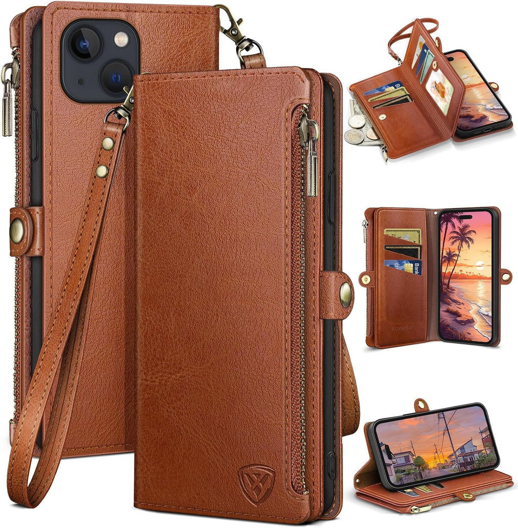 XcaseBar for iPhone 15 Plus 6.7" Wallet case with Zipper Credit Card Holder RFID Blocking,Flip Folio Book PU Leather Shockproof Strap Protective Cover Women Men for Apple 15Plus Phone case Wine Red