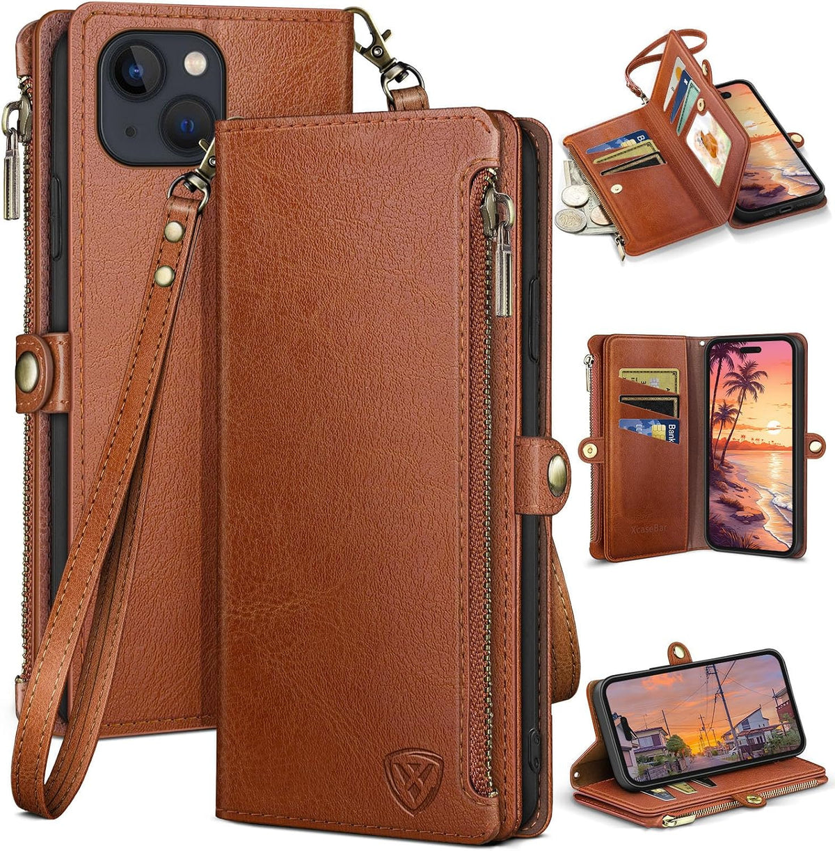 XcaseBar for iPhone 15 Plus 6.7" Wallet case with Zipper Credit Card Holder RFID Blocking,Flip Folio Book PU Leather Shockproof Strap Protective Cover Women Men for Apple 15Plus Phone case Wine Red