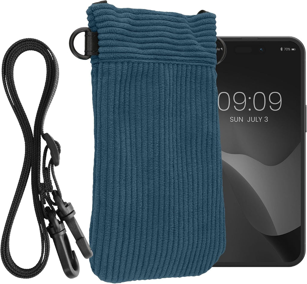 kwmobile Universal Smartphone Sleeve with Necklace - Magnetic Closure - Soft Inner Microfibre Mobile Phone Pouch - Cell Phone Strap for Neck - Gray Green