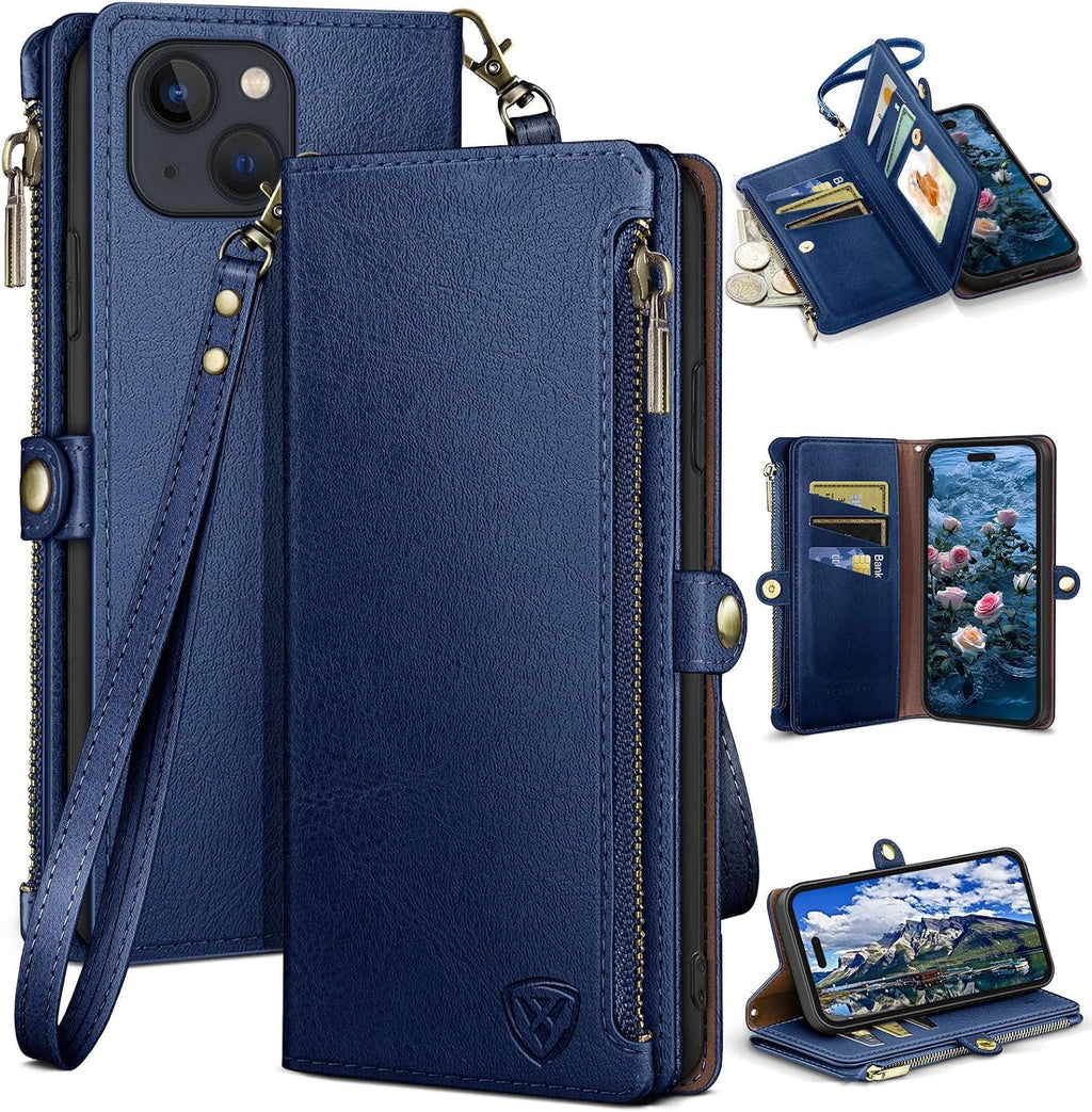 XcaseBar for iPhone 15 Plus 6.7" Wallet case with Zipper Credit Card Holder RFID Blocking,Flip Folio Book PU Leather Shockproof Strap Protective Cover Women Men for Apple 15Plus Phone case Wine Red