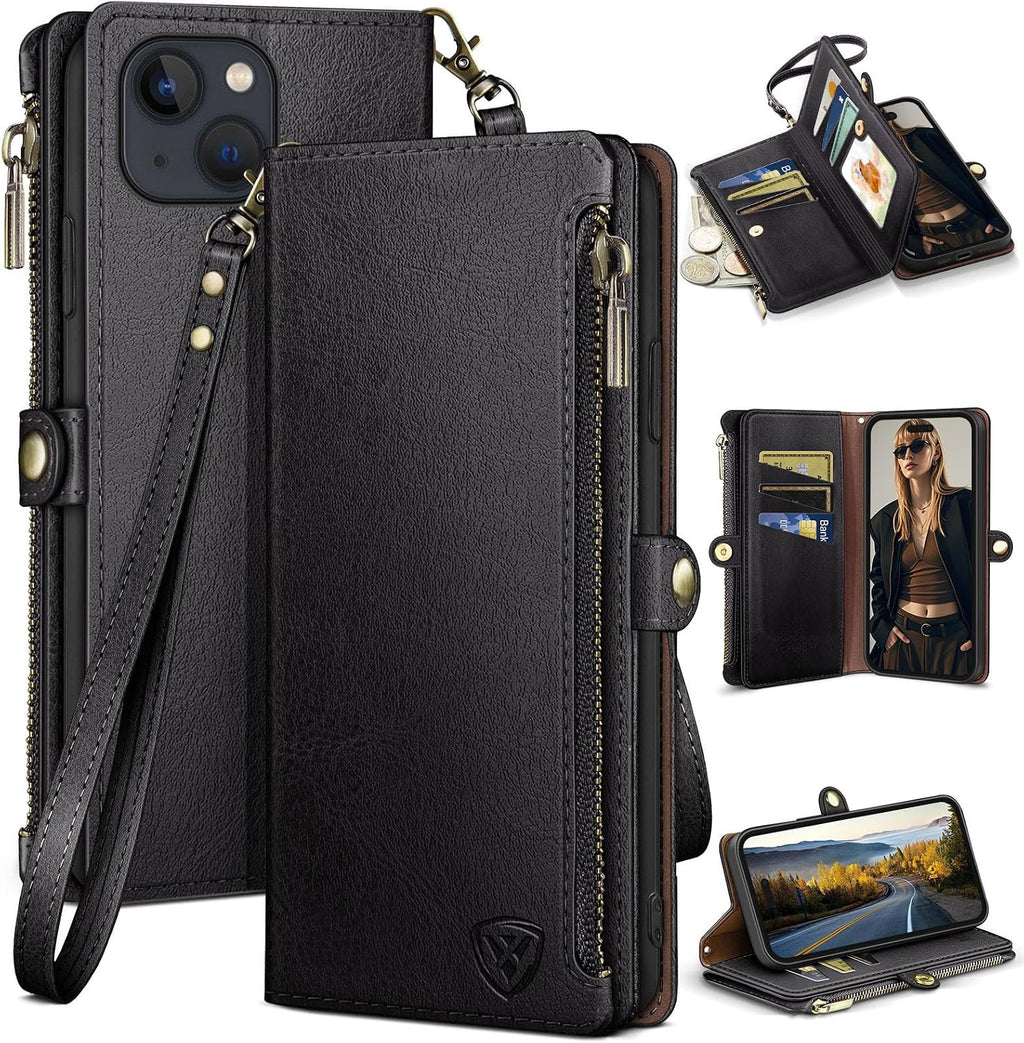 XcaseBar for iPhone 15 Plus 6.7" Wallet case with Zipper Credit Card Holder RFID Blocking,Flip Folio Book PU Leather Shockproof Strap Protective Cover Women Men for Apple 15Plus Phone case Wine Red