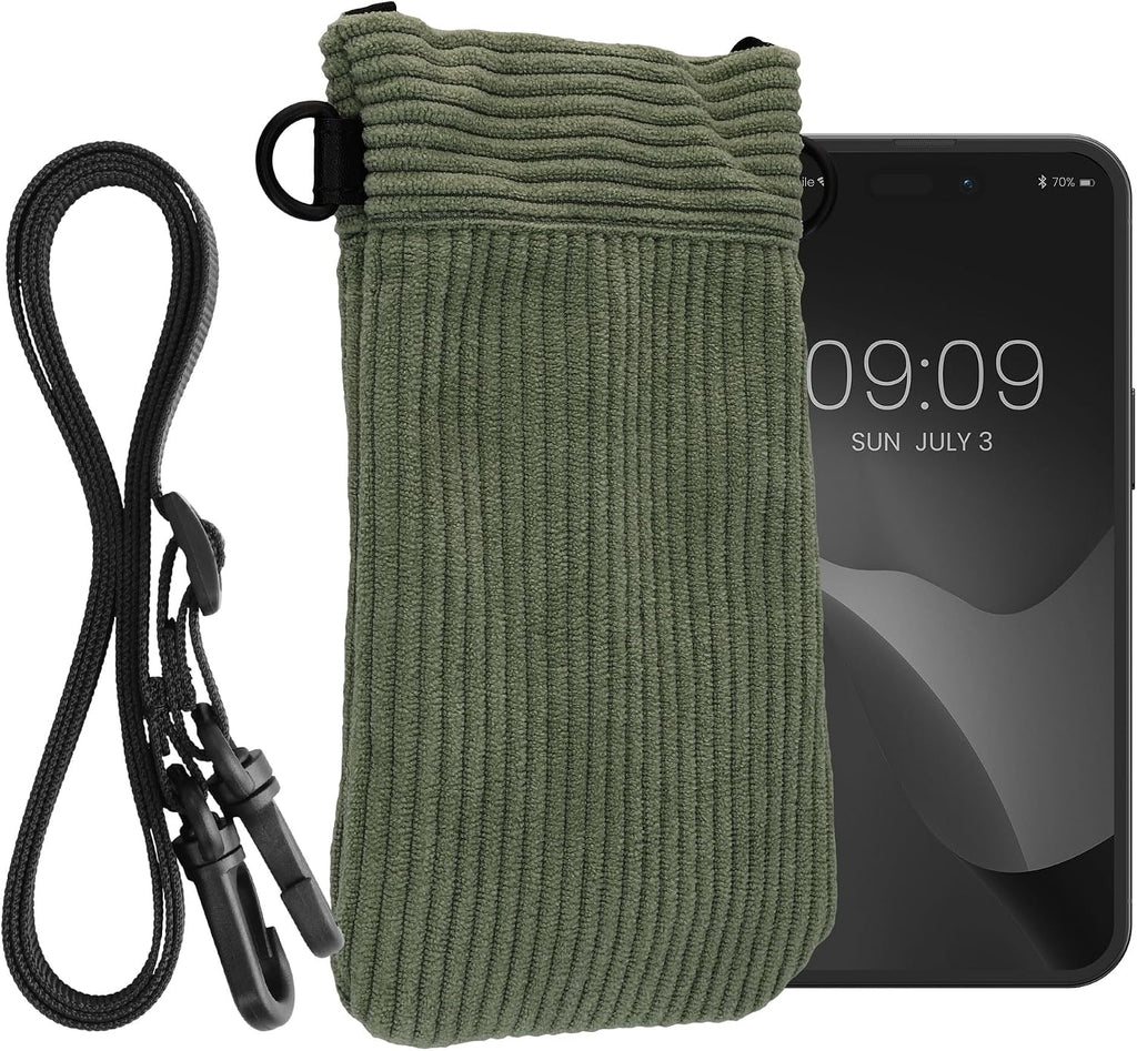kwmobile Universal Smartphone Sleeve with Necklace - Magnetic Closure - Soft Inner Microfibre Mobile Phone Pouch - Cell Phone Strap for Neck - Gray Green