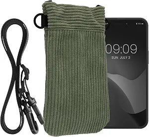kwmobile Universal Smartphone Sleeve with Necklace - Magnetic Closure - Soft Inner Microfibre Mobile Phone Pouch - Cell Phone Strap for Neck - Gray Green