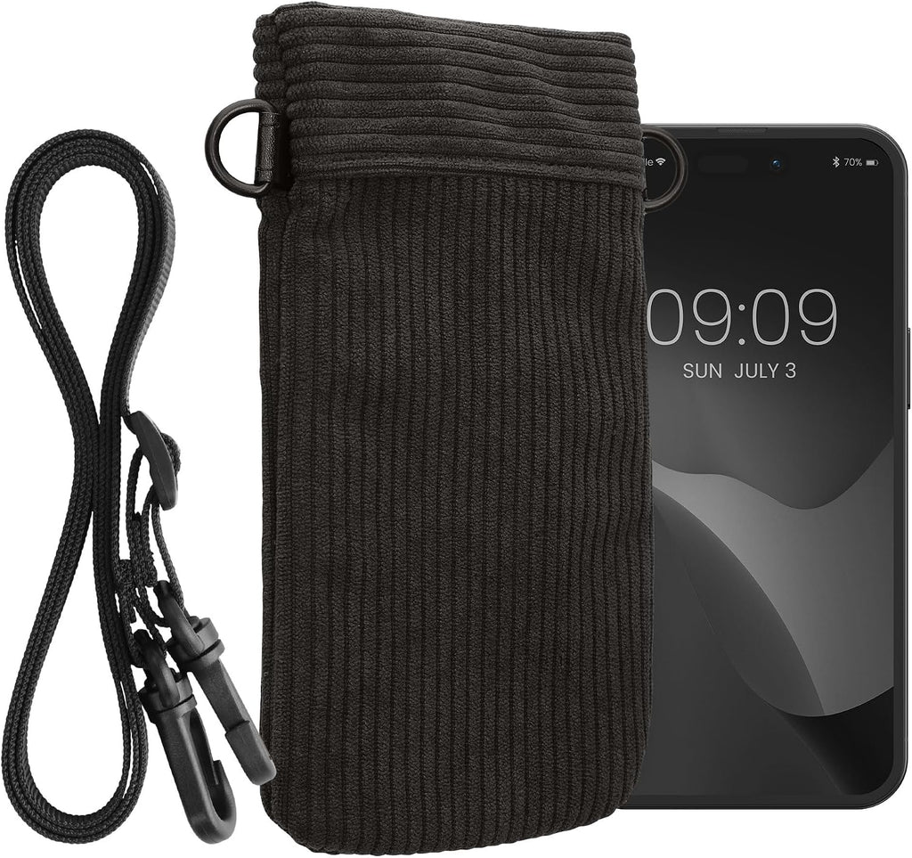 kwmobile Universal Smartphone Sleeve with Necklace - Magnetic Closure - Soft Inner Microfibre Mobile Phone Pouch - Cell Phone Strap for Neck - Gray Green