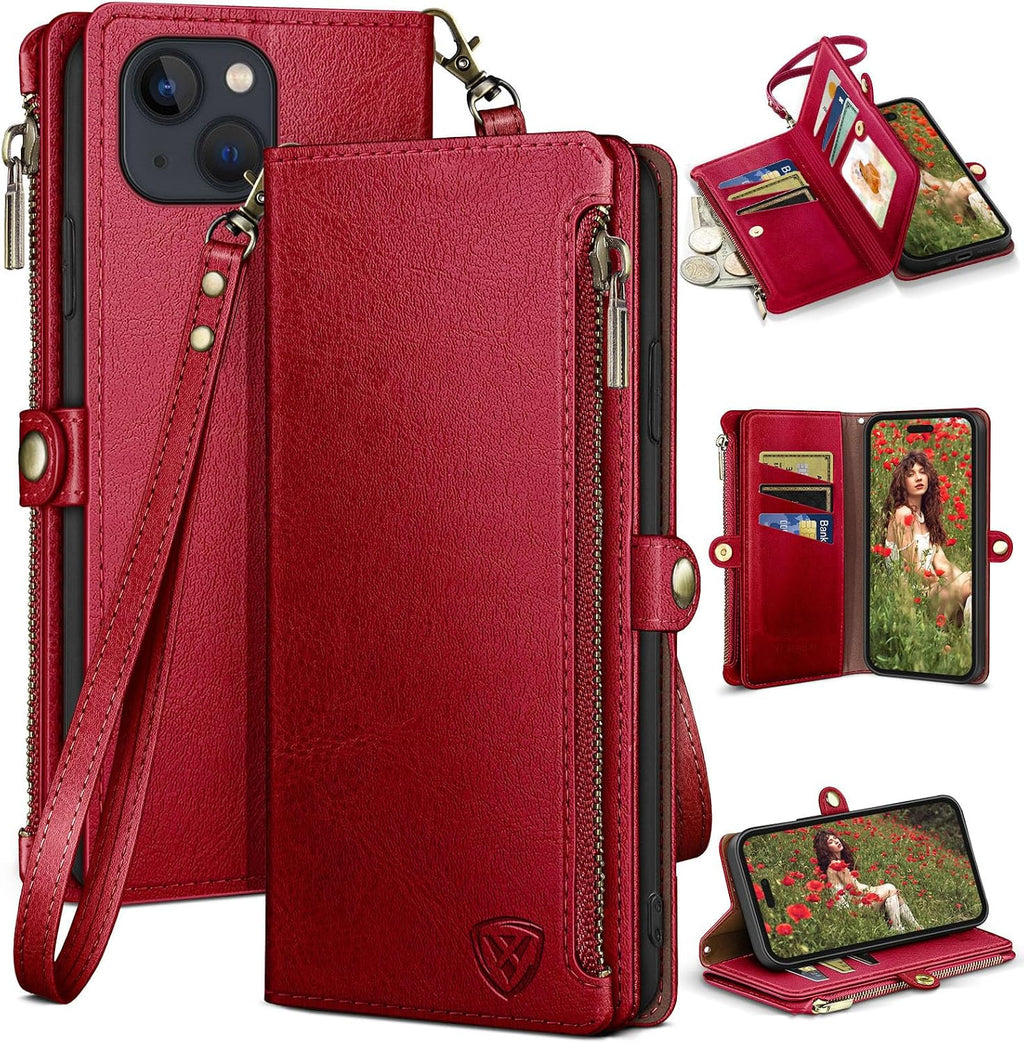 XcaseBar for iPhone 15 Plus 6.7" Wallet case with Zipper Credit Card Holder RFID Blocking,Flip Folio Book PU Leather Shockproof Strap Protective Cover Women Men for Apple 15Plus Phone case Wine Red