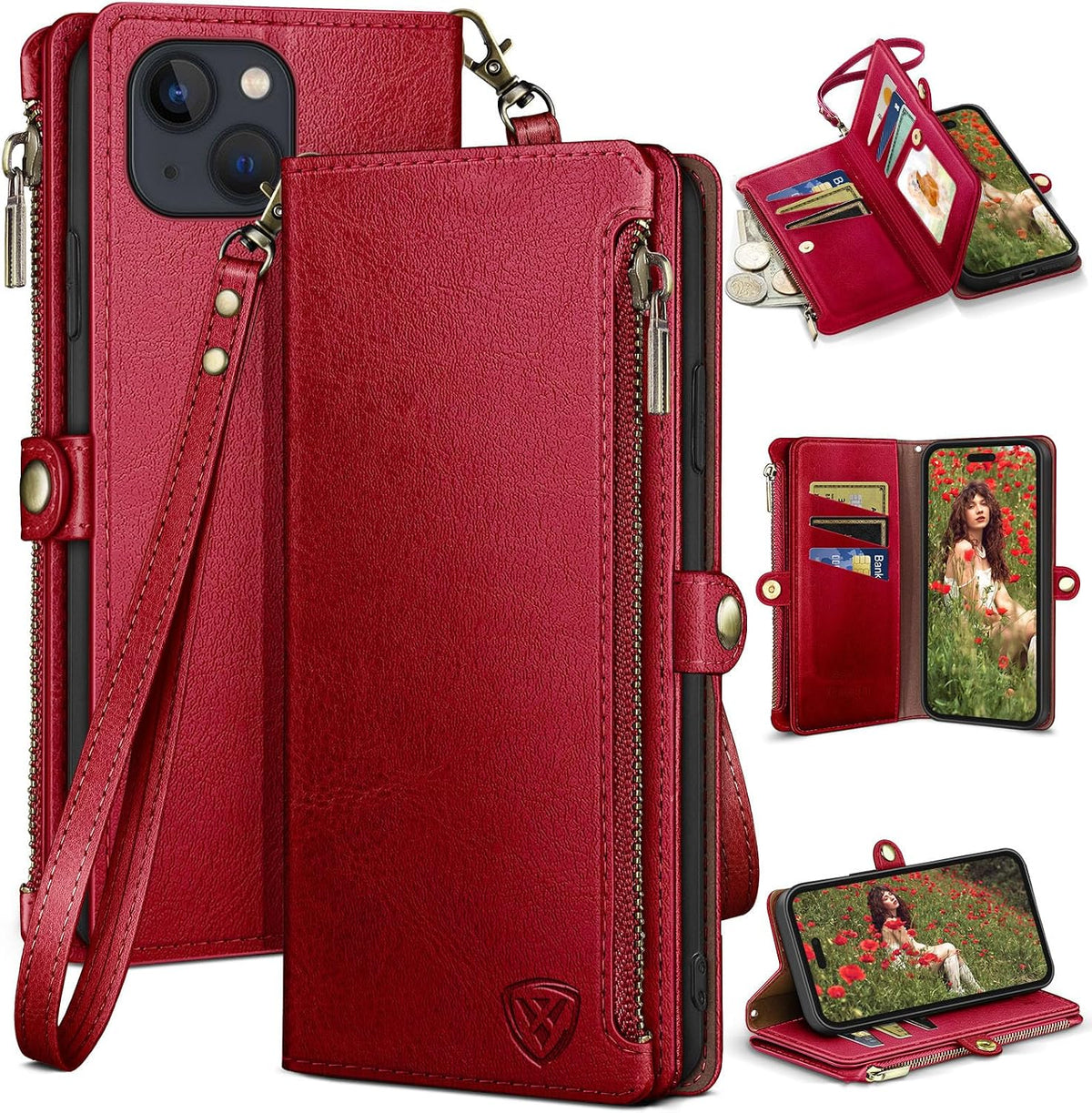 XcaseBar for iPhone 15 Plus 6.7" Wallet case with Zipper Credit Card Holder RFID Blocking,Flip Folio Book PU Leather Shockproof Strap Protective Cover Women Men for Apple 15Plus Phone case Wine Red