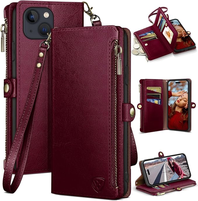 XcaseBar for iPhone 15 Plus 6.7" Wallet case with Zipper Credit Card Holder RFID Blocking,Flip Folio Book PU Leather Shockproof Strap Protective Cover Women Men for Apple 15Plus Phone case Wine Red