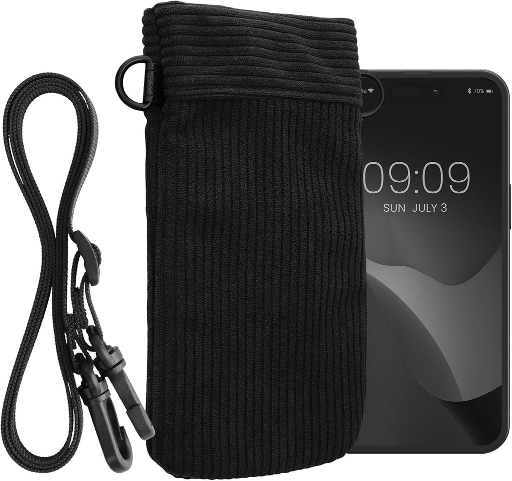 kwmobile Universal Smartphone Sleeve with Necklace - Magnetic Closure - Soft Inner Microfibre Mobile Phone Pouch - Cell Phone Strap for Neck - Gray Green