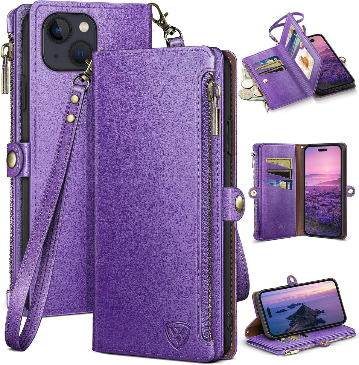 XcaseBar for iPhone 15 Plus 6.7" Wallet case with Zipper Credit Card Holder RFID Blocking,Flip Folio Book PU Leather Shockproof Strap Protective Cover Women Men for Apple 15Plus Phone case Wine Red