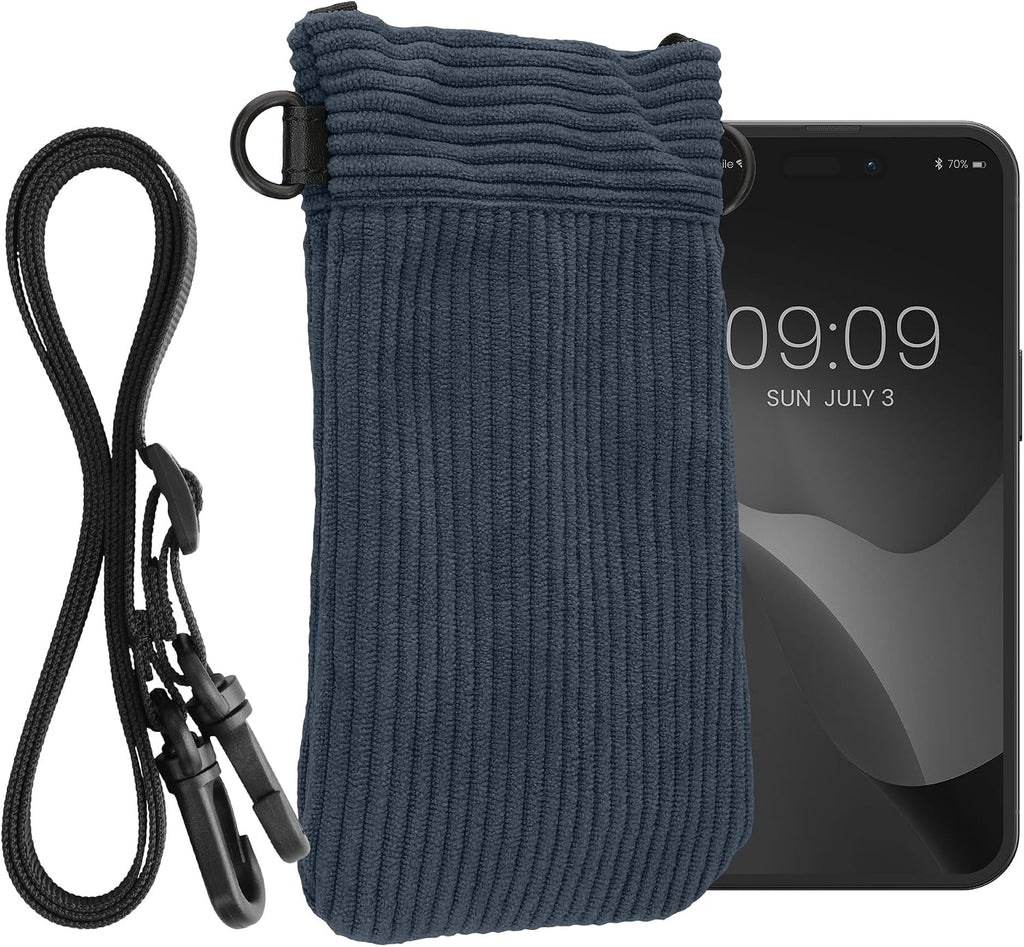 kwmobile Universal Smartphone Sleeve with Necklace - Magnetic Closure - Soft Inner Microfibre Mobile Phone Pouch - Cell Phone Strap for Neck - Gray Green