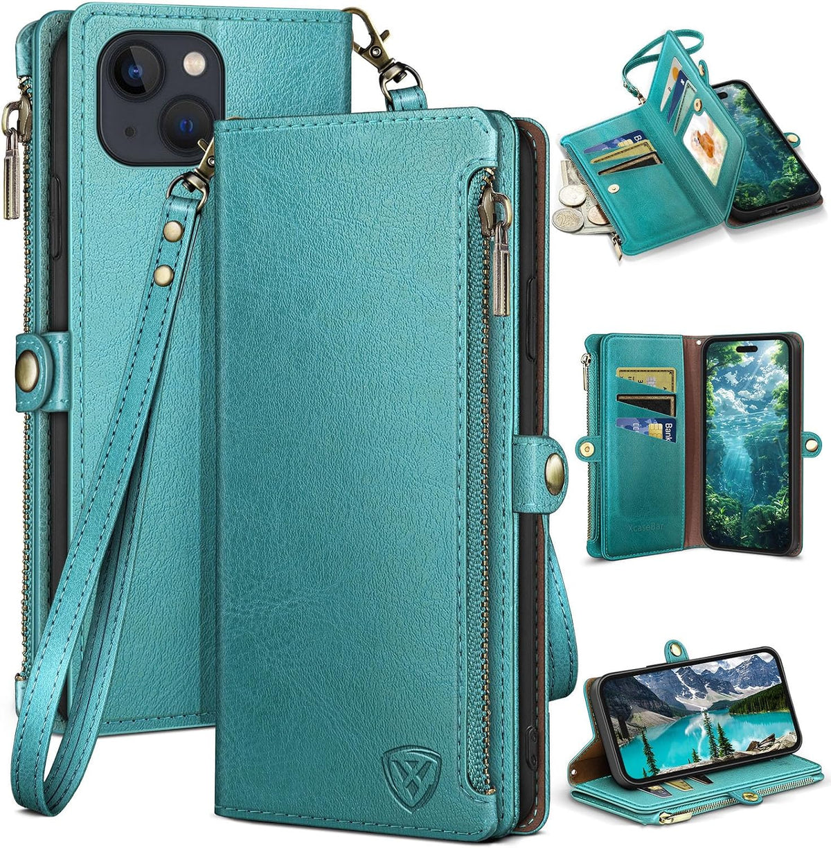 XcaseBar for iPhone 15 Plus 6.7" Wallet case with Zipper Credit Card Holder RFID Blocking,Flip Folio Book PU Leather Shockproof Strap Protective Cover Women Men for Apple 15Plus Phone case Wine Red
