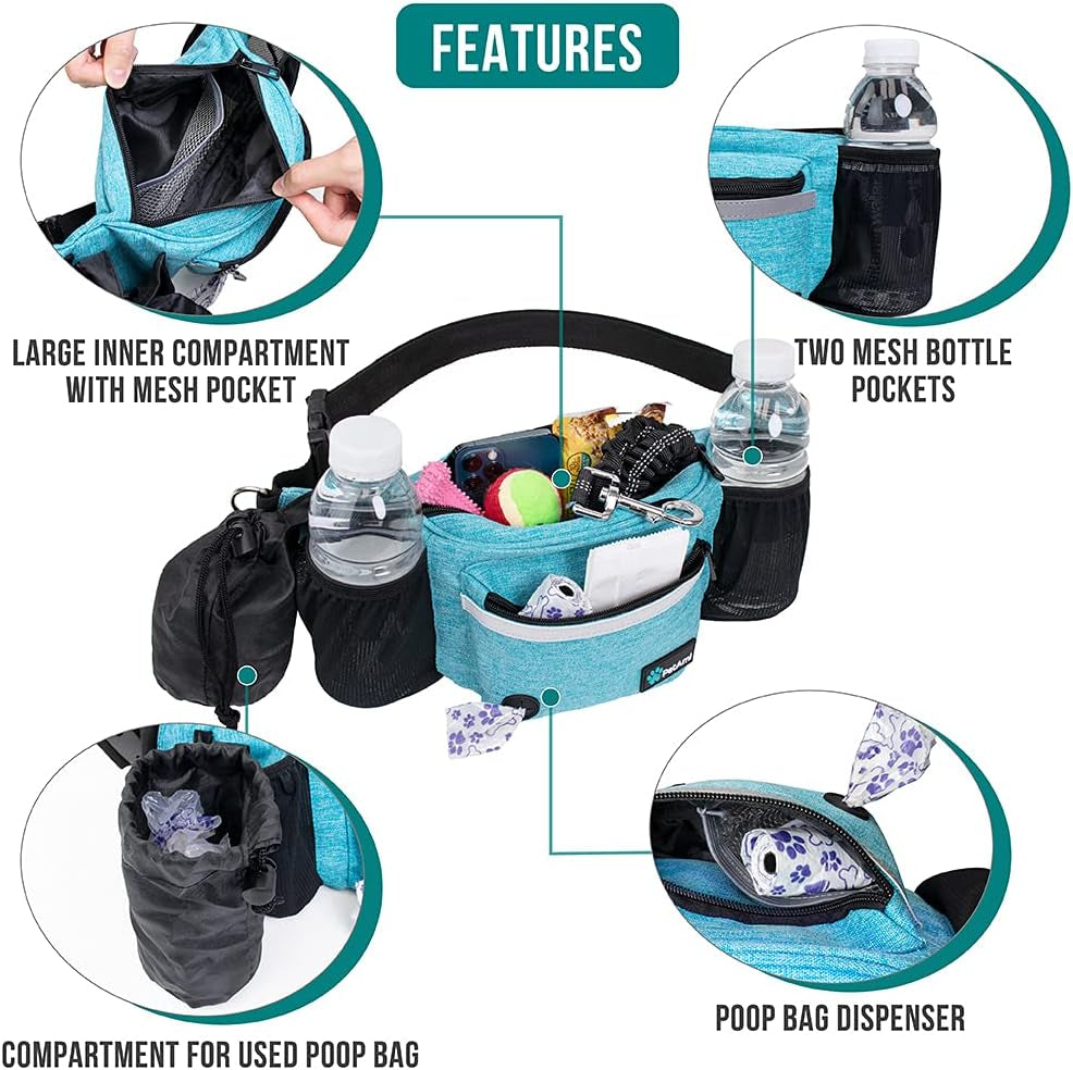Dog Fanny Pack, Treat Pouch for Dog Walking, Training, Built in Poop Bag Dispenser, Water Bottle Holder, Collapsible Bowl, Pet Treat Waist Belt for Hiking, Running, Kibbles (Turquoise)