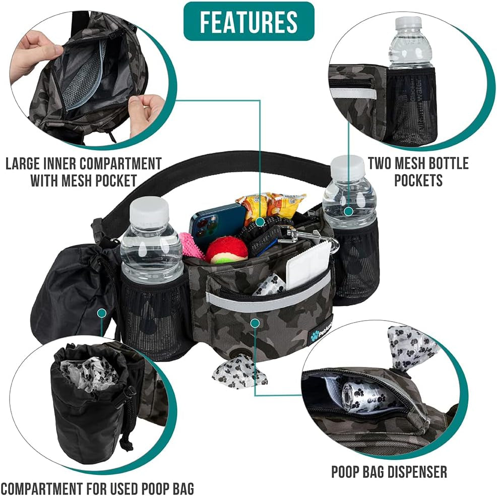 Dog Fanny Pack, Treat Pouch for Dog Walking, Training, Built in Poop Bag Dispenser, Water Bottle Holder, Collapsible Bowl, Pet Treat Waist Belt for Hiking, Running, Kibbles (Camo Black)