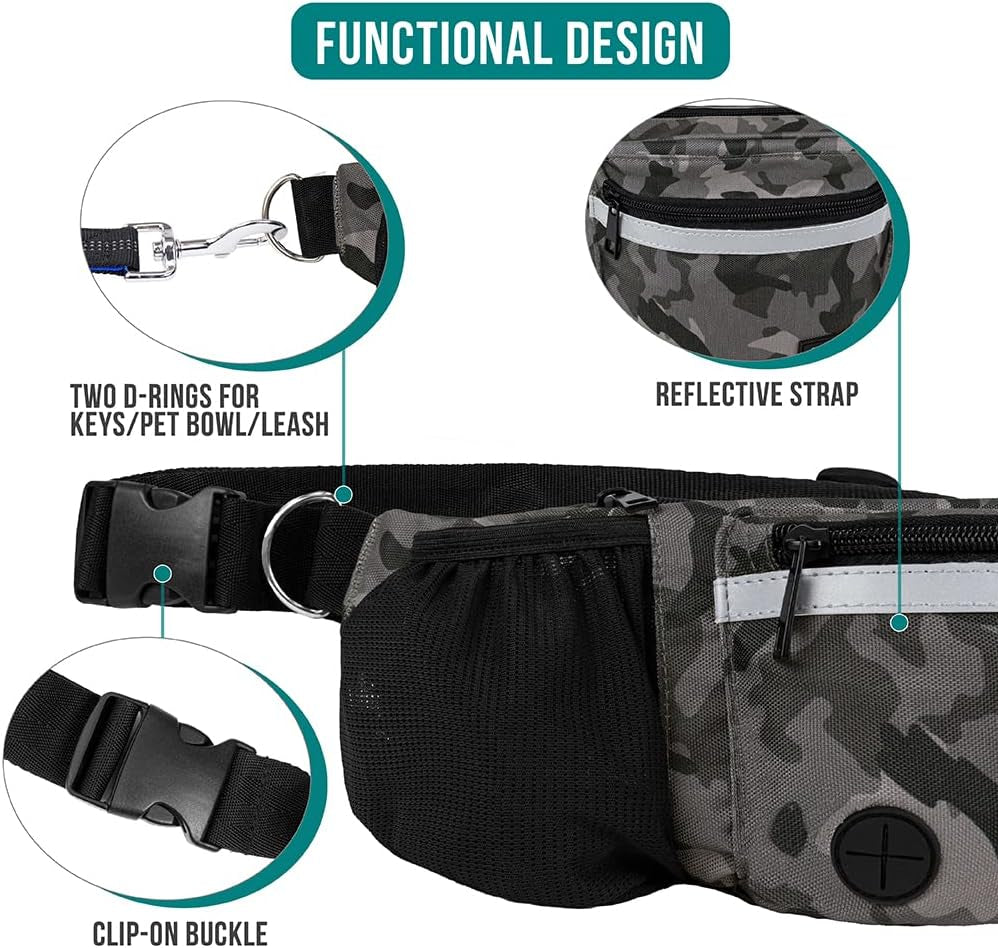 Dog Fanny Pack, Treat Pouch for Dog Walking, Training, Built in Poop Bag Dispenser, Water Bottle Holder, Collapsible Bowl, Pet Treat Waist Belt for Hiking, Running, Kibbles (Camo Black)