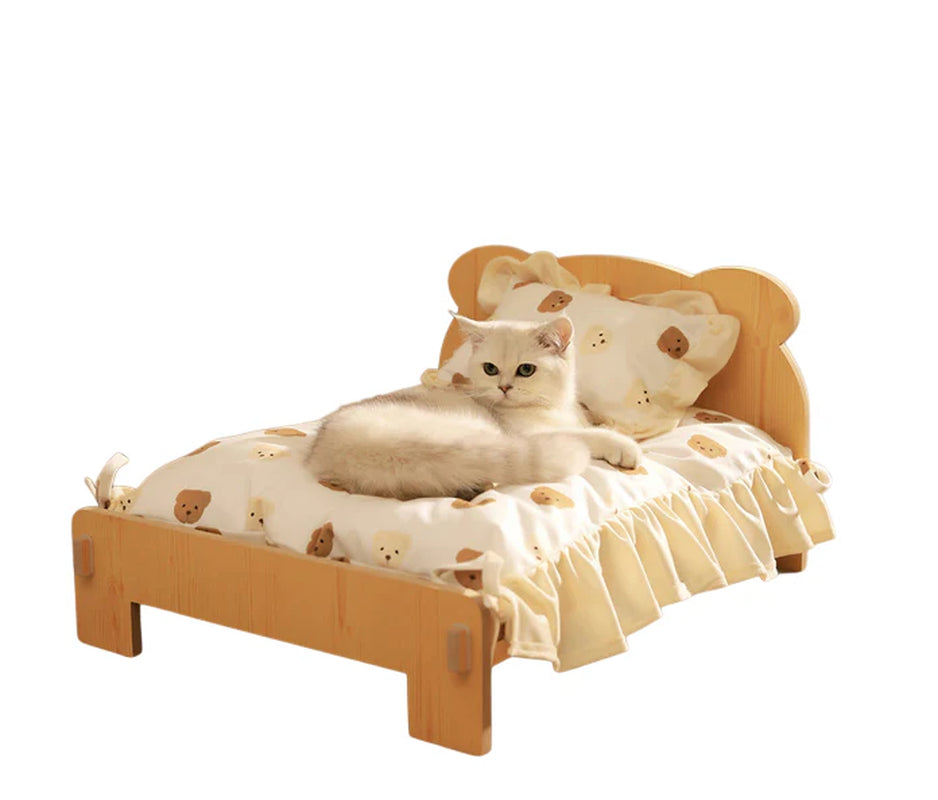 Cat Bed Wooden Cat and Dog Bed with Teddy Bear Pattern Indoor Pet Furniture Floor to Ceiling Bed(20*11Inch)Comfortable Durable