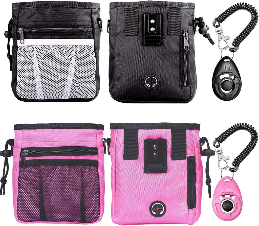 Dog Treat Pouch Dog Clicker Training Kit, Dog Training Treat Pouch Dog Clicker for Training, 3 Ways to Wear Easily Carries Treat Pouches for Pet Training (Black and Pink)