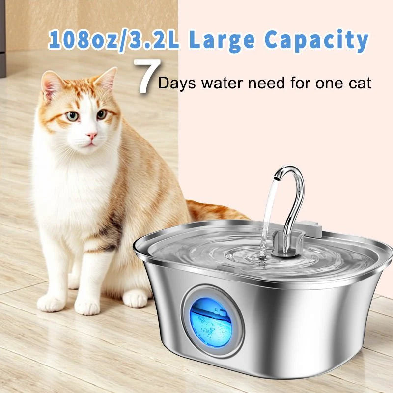 HEYBO Cat Water Fountain 3.2L Automatic Stainless Steel Pet Fountain Dog Water Dispenser