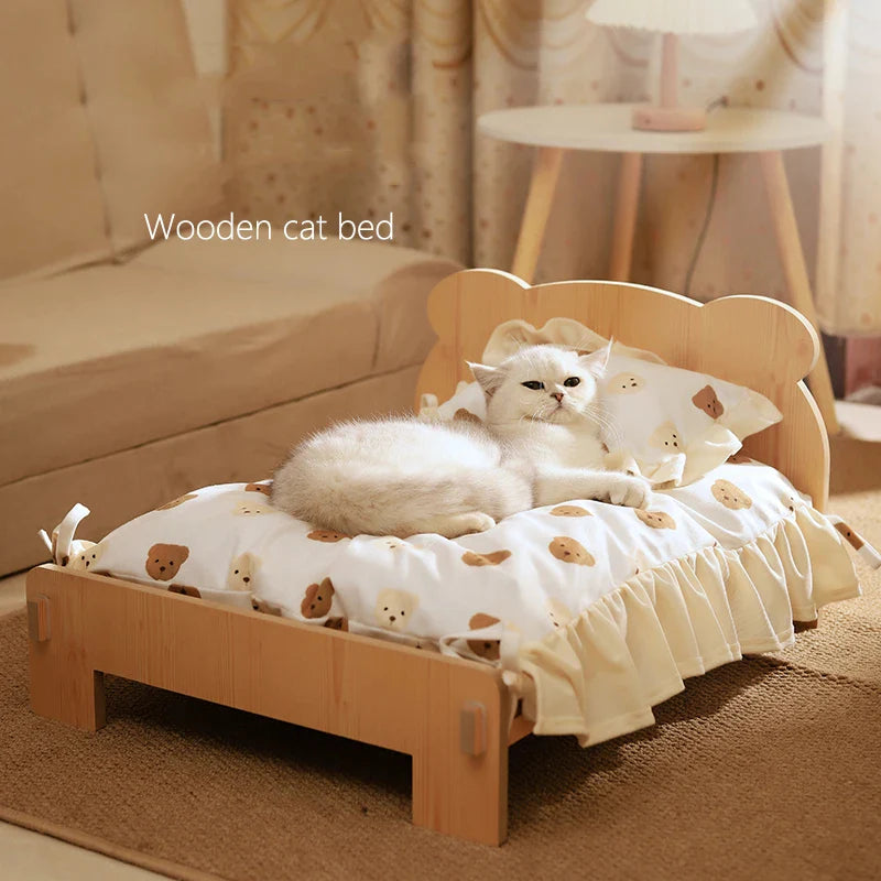 Cat Bed Wooden Cat and Dog Bed with Teddy Bear Pattern Indoor Pet Furniture Floor to Ceiling Bed(20*11Inch)Comfortable Durable
